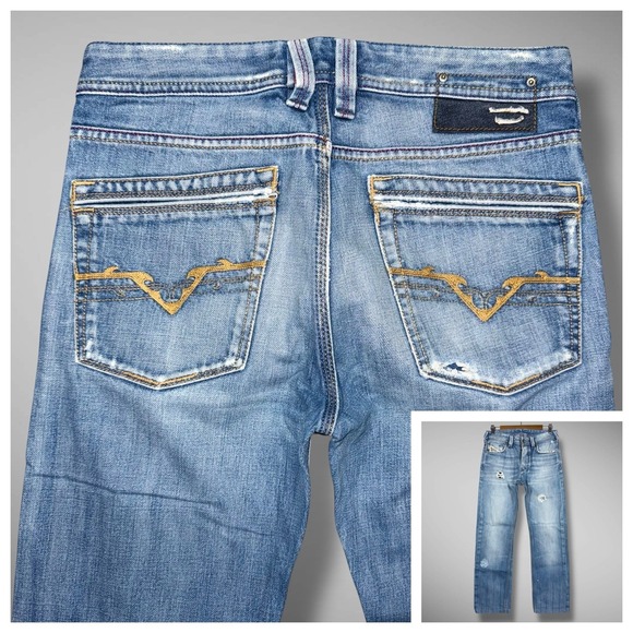 Diesel Jeans Mens 28x30 Light Wash Yarik Slim Straight Distressed Unique Pockets - Picture 1 of 14
